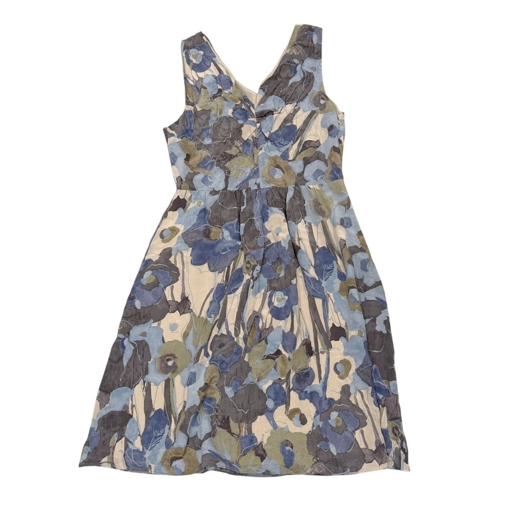 Banana Republic Womens 4 Blue Watercolor Floral Garden Party V-Neck Silk Dress